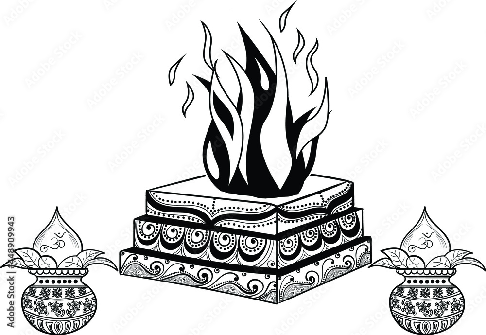 Sacred Yajna Fire Ritual Illustration - Traditional Hindu Ceremony Art