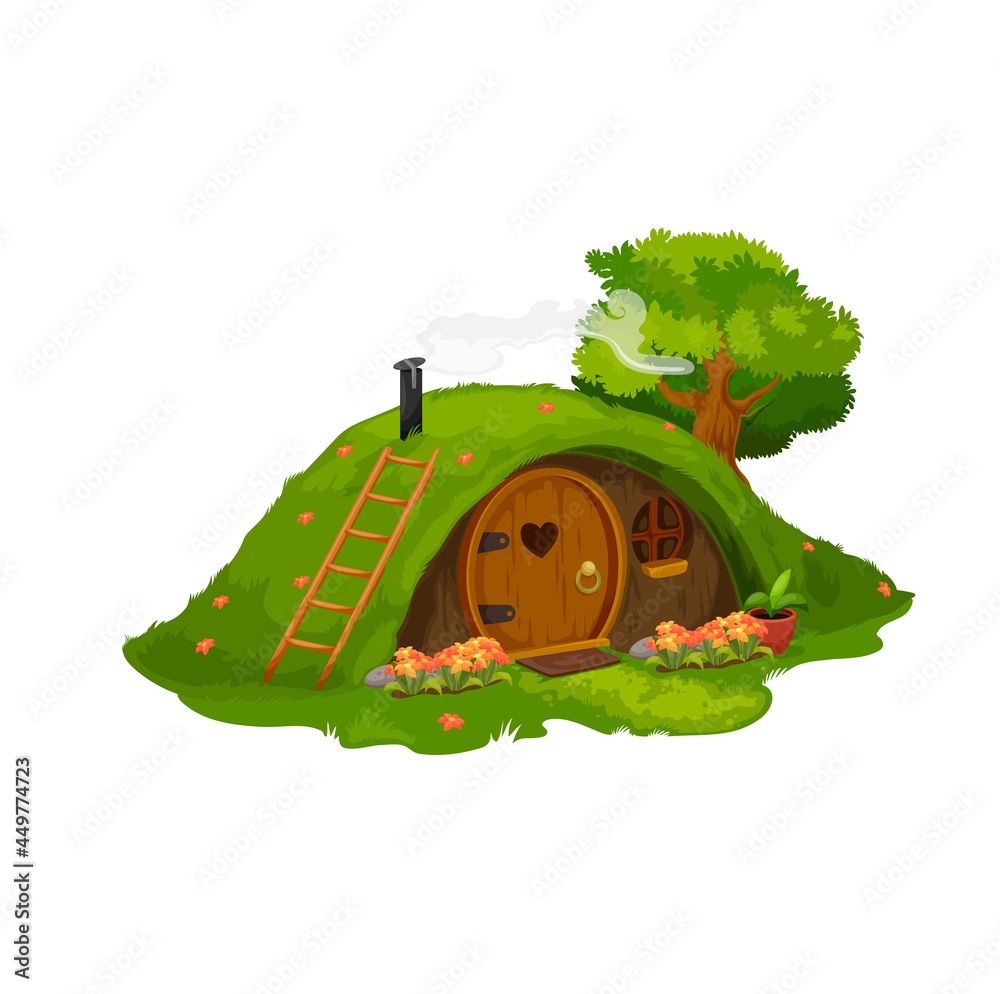 Charming hobbit-style grass-covered house with wooden door, ladder, chimney smoke, and flowers.