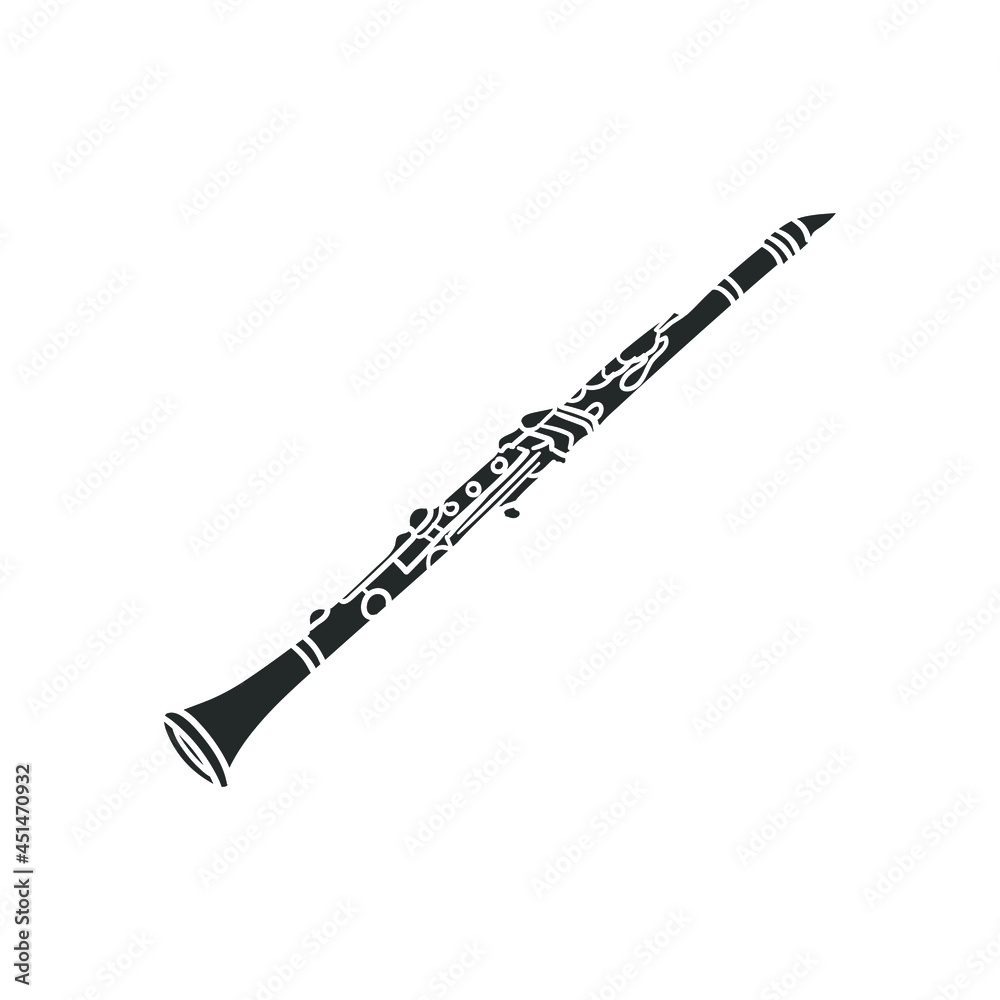 Black silhouette of a clarinet on white background, angled diagonally.