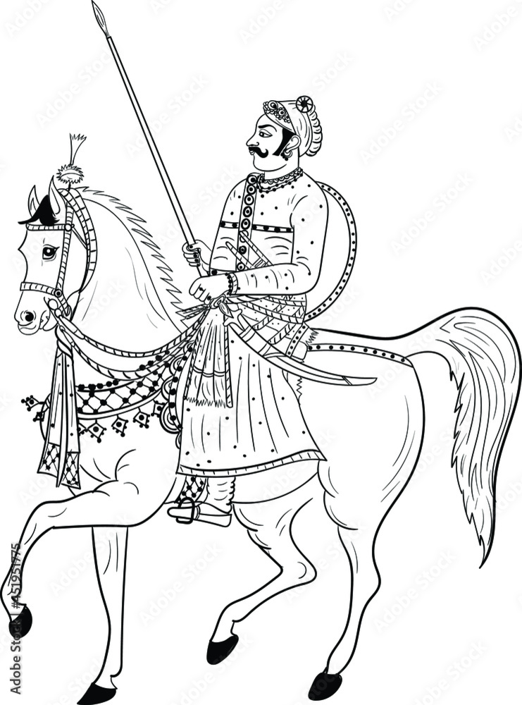 Traditional Indian Warrior on Horse - Historical Illustration
