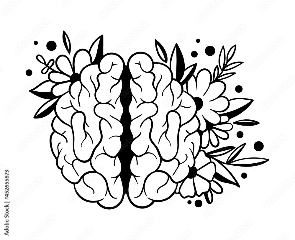 Brain and Flowers Illustration - Mental Wellness & Creativity Symbol