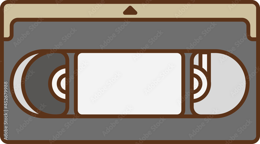 Illustration of a classic VHS cassette tape with visible reels and label area.