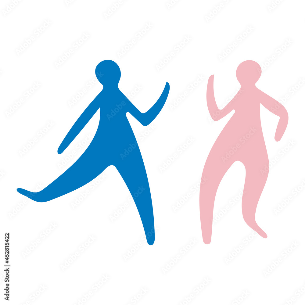 Blue and pink stylized human figures dancing or moving dynamically against a white background.