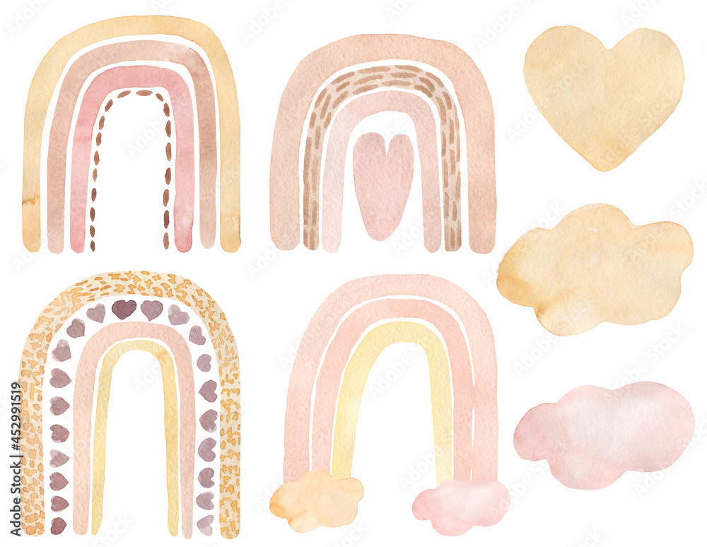 Watercolor rainbow illustrations with hearts, clouds, and patterns in soft pastel tones on white background.