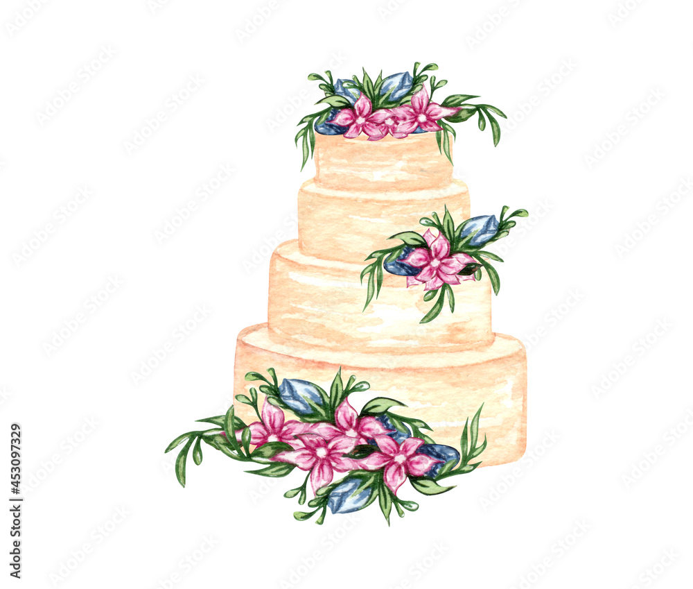 Watercolor illustration of a four-tiered wedding cake adorned with pink flowers, blue accents, and green foliage.