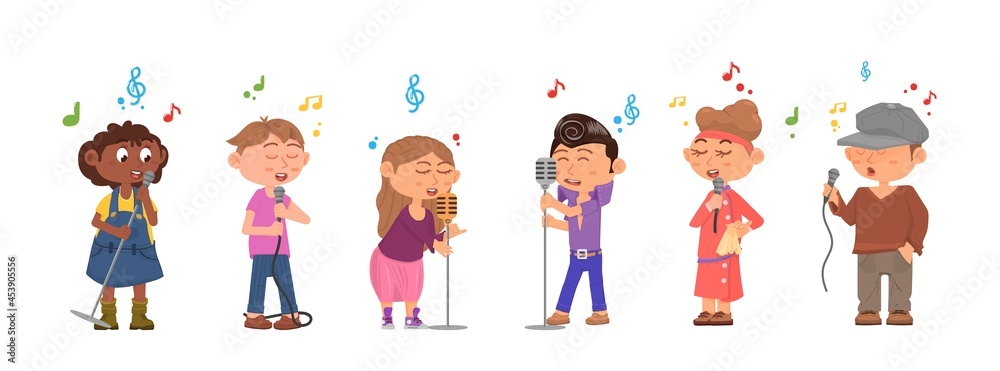Six diverse cartoon children singing into microphones with musical notes floating around them.