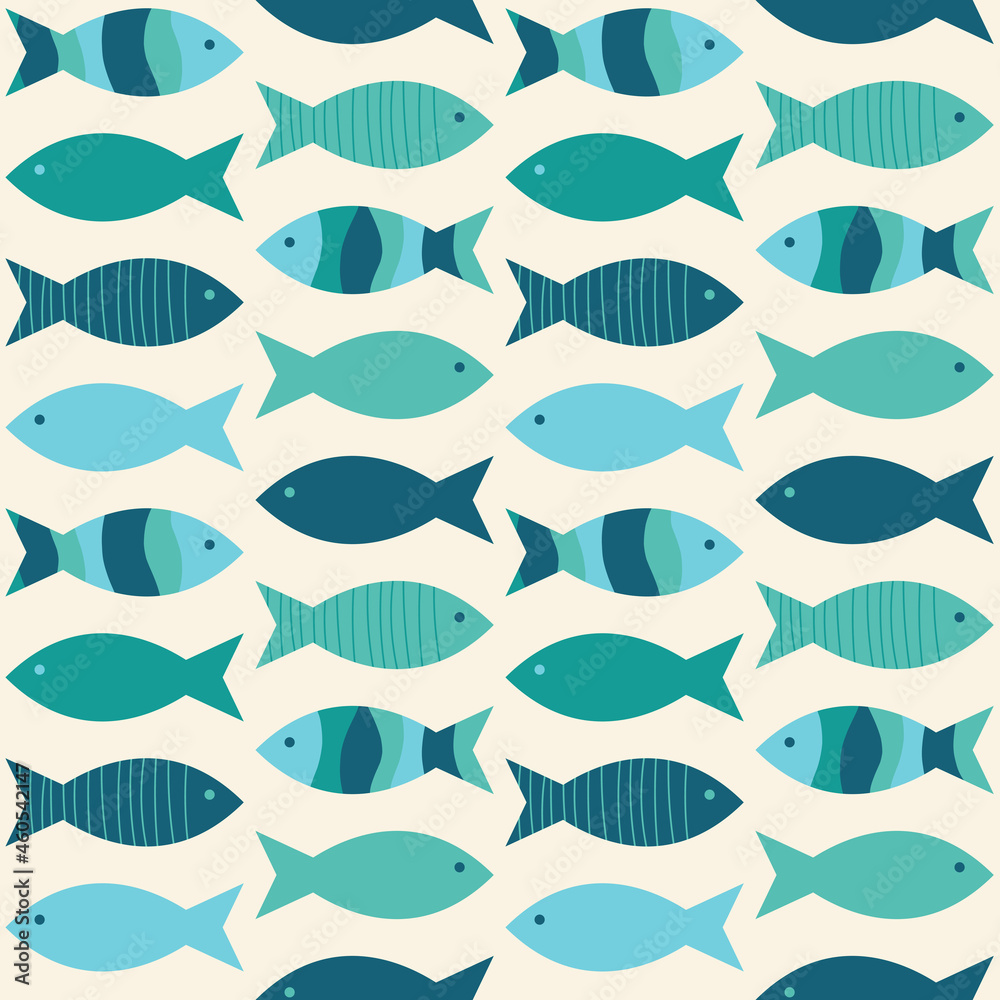 Stylish seamless pattern of teal, blue, and green fish on cream background, ideal for marine-themed designs.