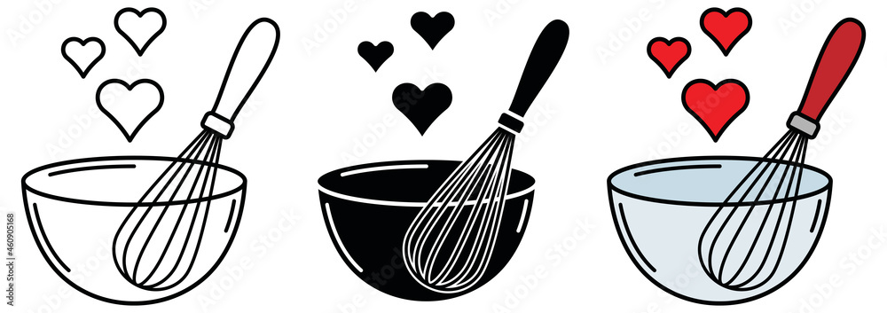 Three illustrated whisks in bowls with floating hearts-line art, black fill, and color versions.