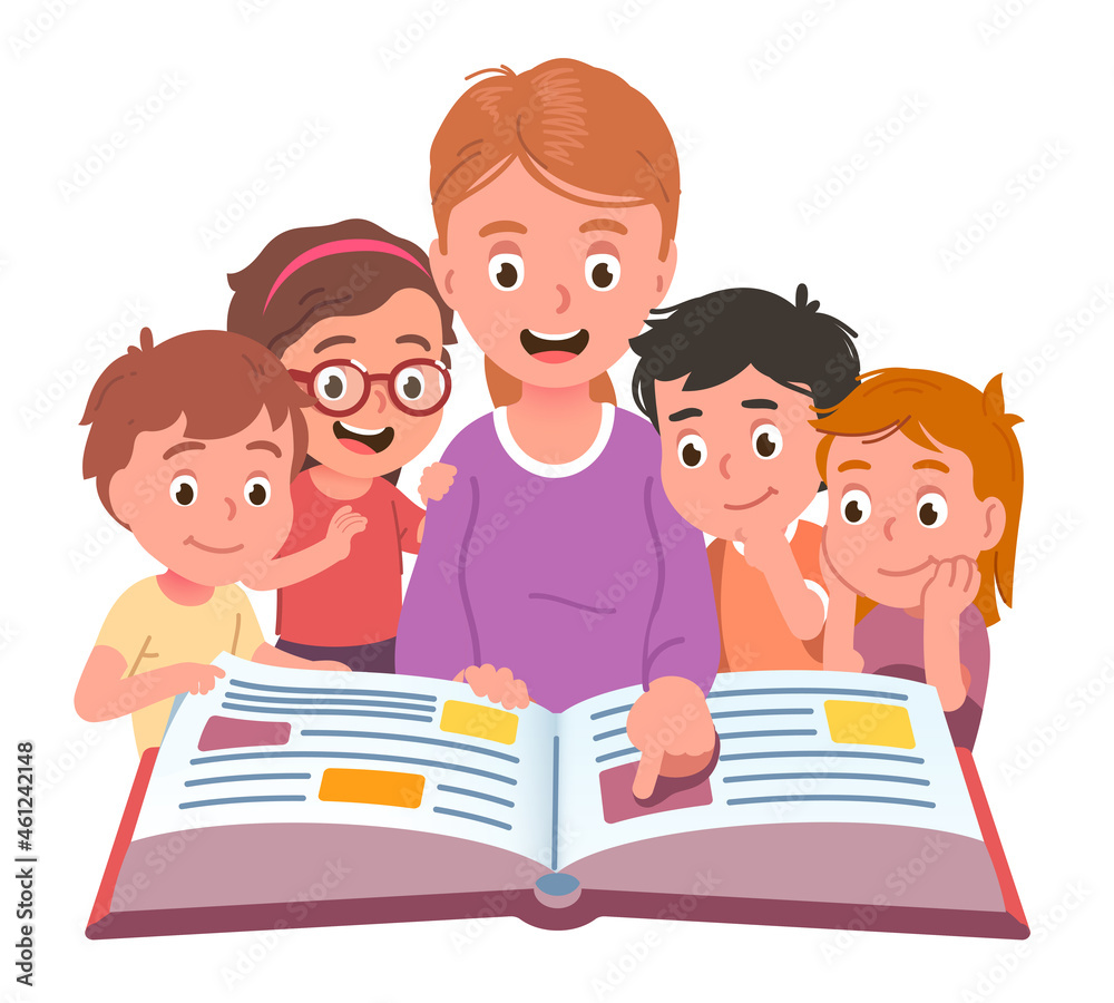 A smiling teacher reads a colorful book with five engaged children gathered closely around her.