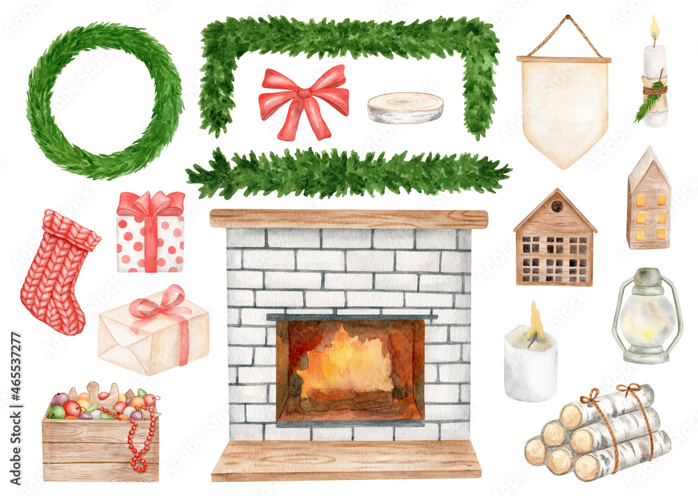 Watercolor illustration of cozy Christmas decor including wreath, fireplace, gifts, stockings, candles, and logs.