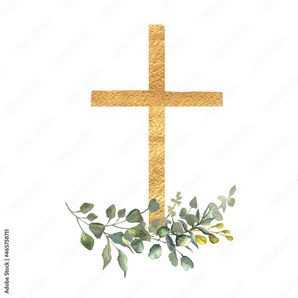 Golden Cross with Eucalyptus - Faithful & Elegant Religious Art