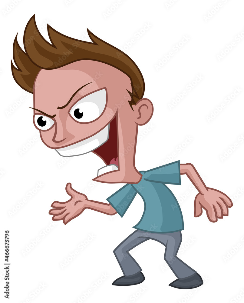 Angry cartoon man with spiky brown hair, wide eyes, open mouth, and aggressive stance, wearing blue shirt and gray pants.