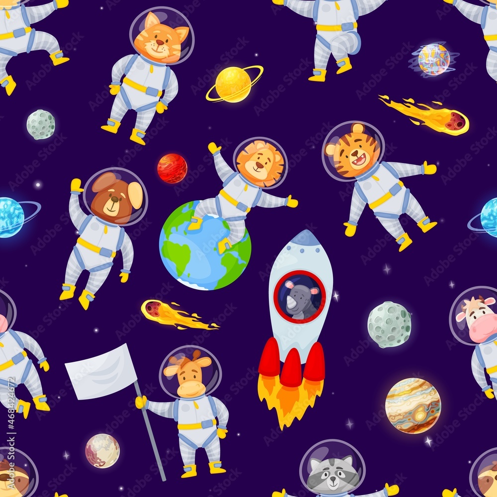 Cute cartoon animals in astronaut suits floating in space with planets, rockets, and stars.
