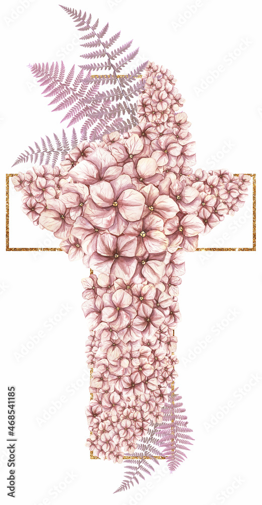 Watercolor floral cross with pink hydrangeas, purple ferns, and gold foil frame on white background.
