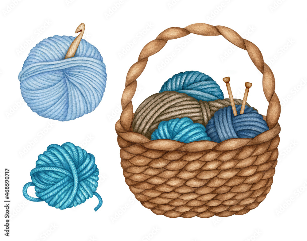 Woven basket filled with blue and beige yarn balls and wooden knitting needles, plus two separate yarn skeins with a crochet hook.