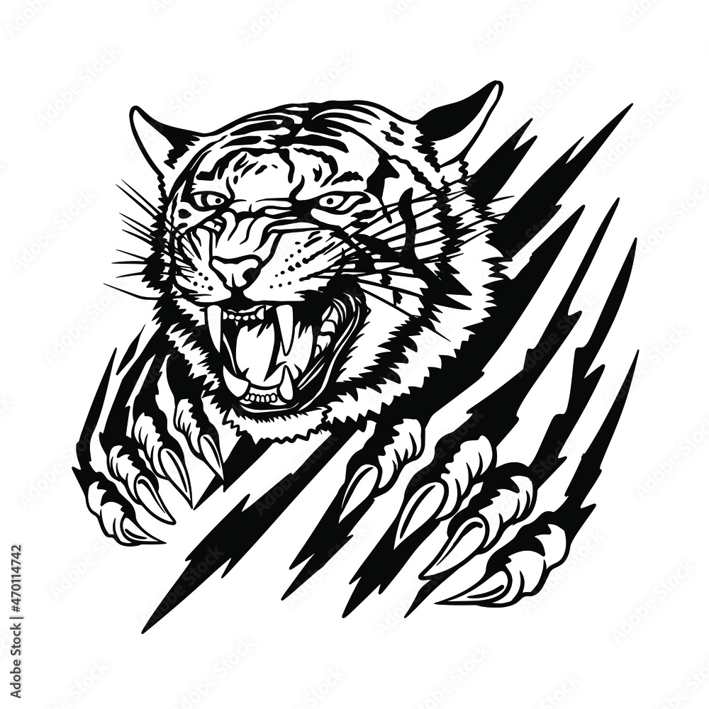 Fierce black-and-white tiger head with extended claws and aggressive snarl, stylized as a tattoo or emblem design.