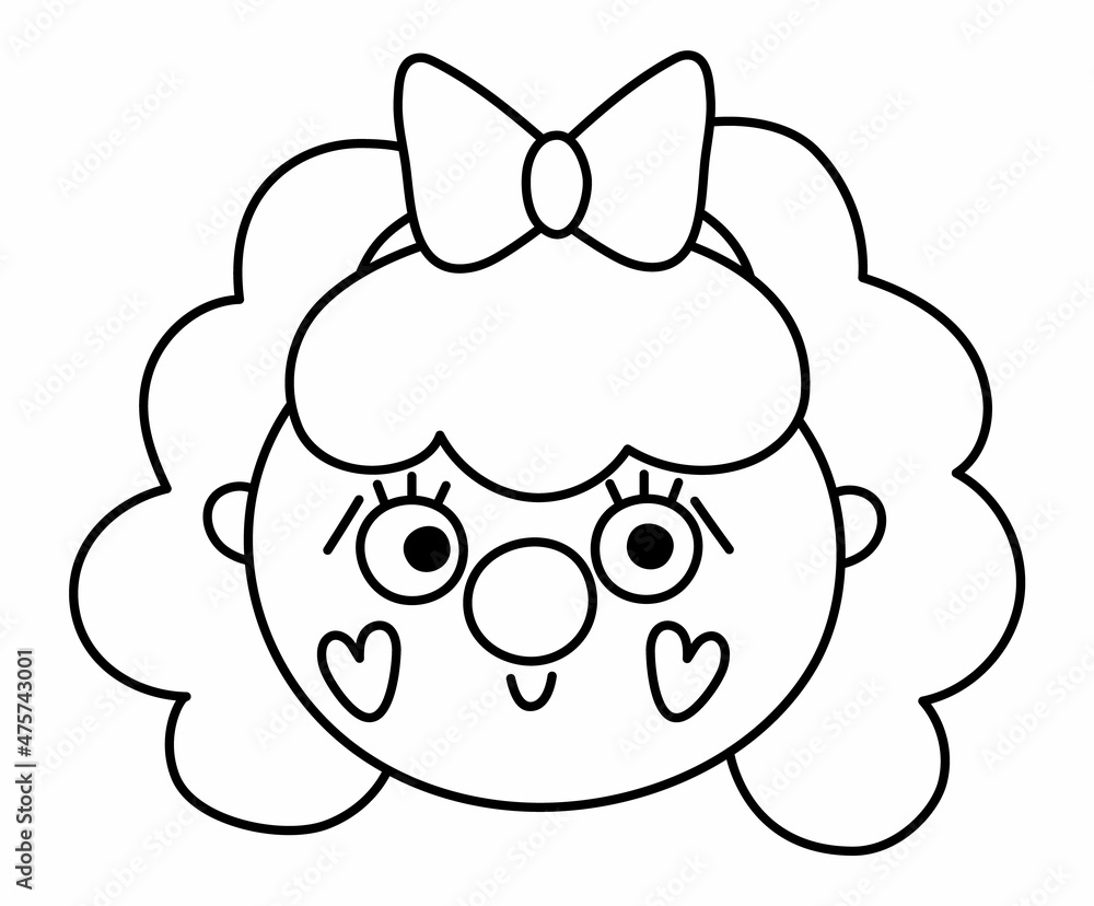 Cute cartoon girl with curly hair, bow, heart cheeks, and cheerful expression-black-and-white line art for coloring.