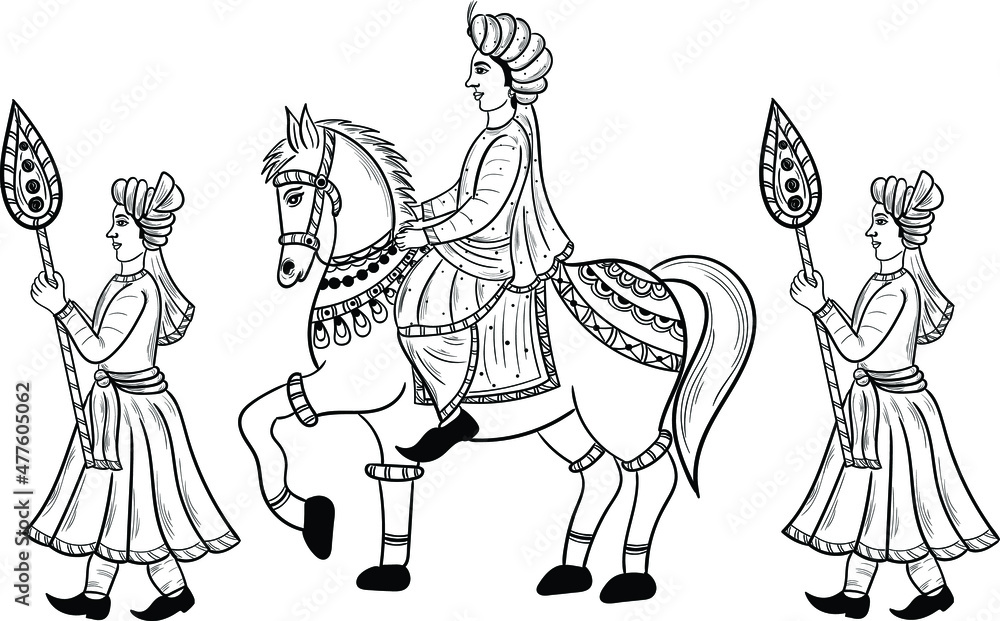 Royal Indian Procession Illustration - Traditional Mughal-Era Art Style