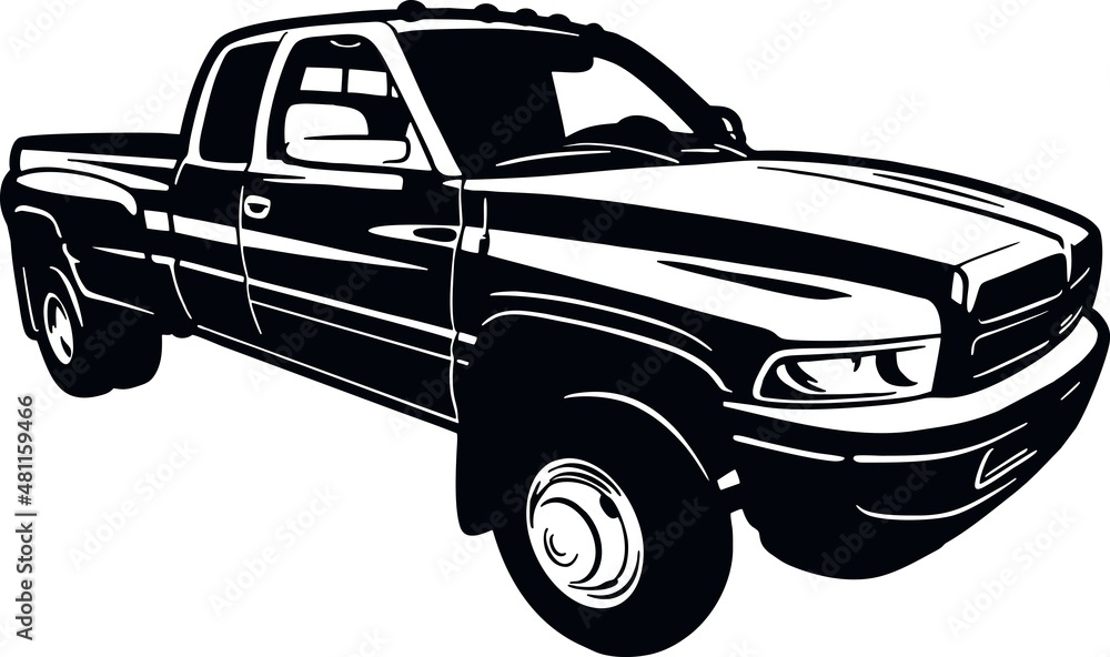 Black and white vector illustration of a classic full-size pickup truck with crew cab and chrome wheels.