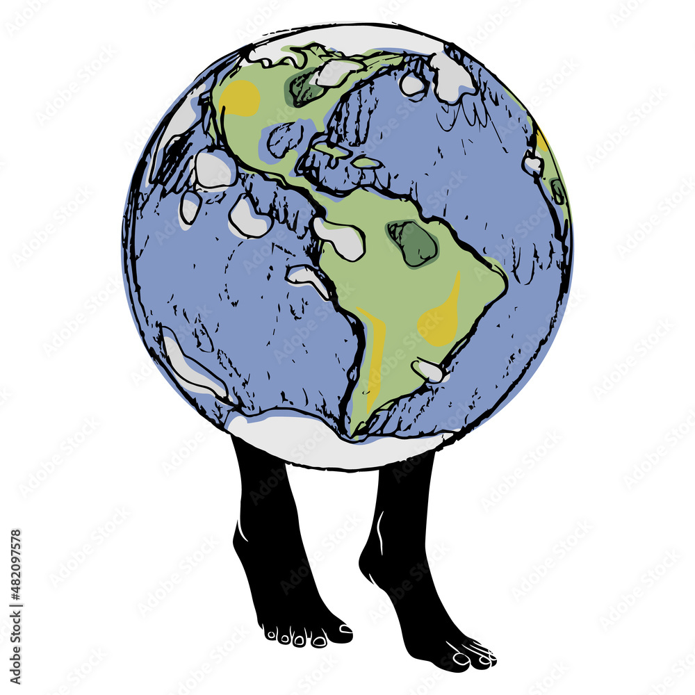 A stylized Earth globe with human legs and bare feet, symbolizing humanity’s responsibility for the planet.
