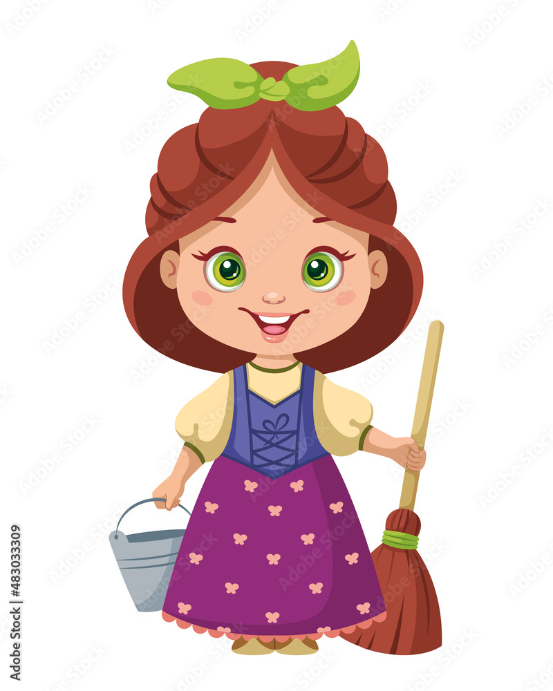 Cheerful cartoon girl with red hair, green bow, holding a broom and bucket, wearing a purple floral dress and blue apron.