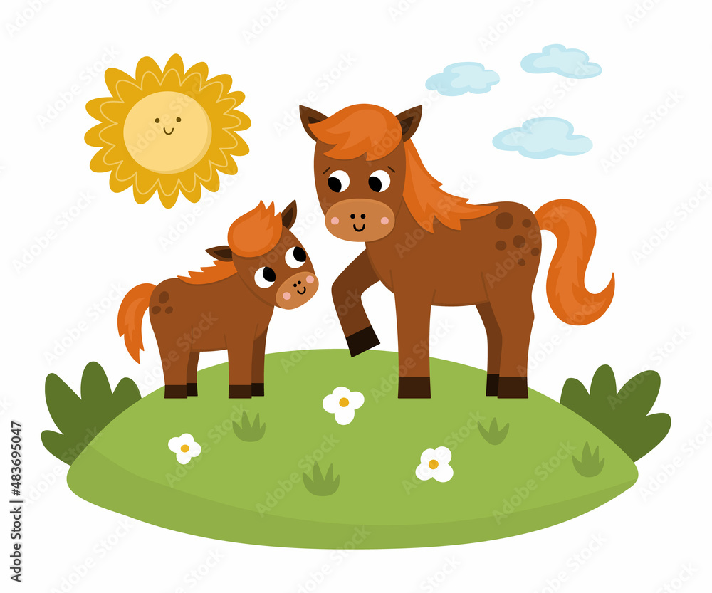 A smiling adult horse and foal stand on a grassy hill under a cheerful sun and clouds, with daisies and greenery.