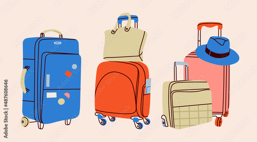 Colorful illustrated luggage set including suitcases, a tote bag, and a fedora hat, evoking travel preparation.