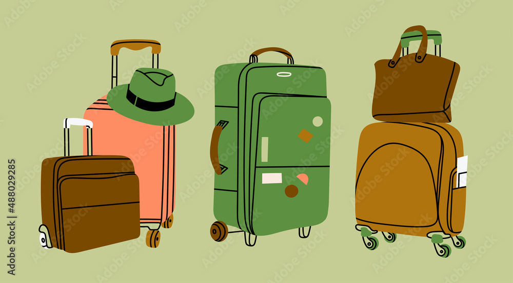 Illustration of colorful suitcases, a green fedora hat, and travel bags on wheels against a pale green background.