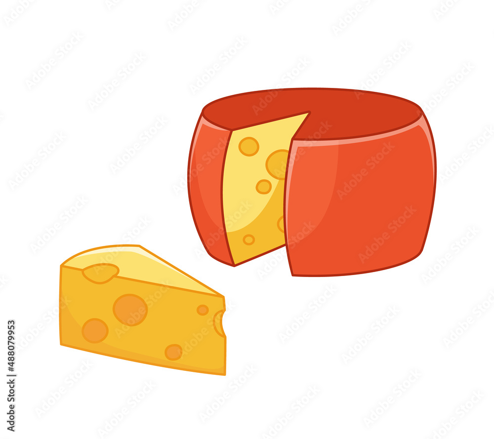 A cartoon-style wheel of cheese with a red rind and yellow interior, plus a wedge cut out and placed in front.