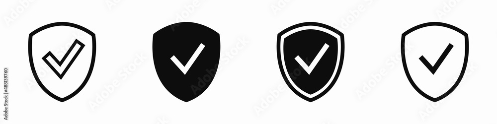 Four shield icons with checkmarks in line art and solid styles, symbolizing security, verification, or approval.