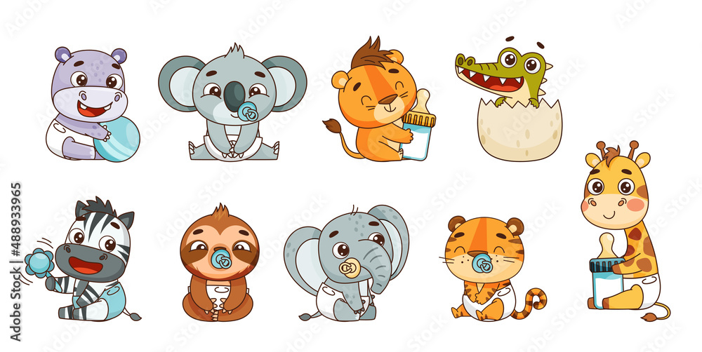 Cute cartoon baby animals in diapers holding bottles, pacifiers, or toys-hippo, koala, lion, crocodile, zebra, sloth, elephant, tiger, giraffe.