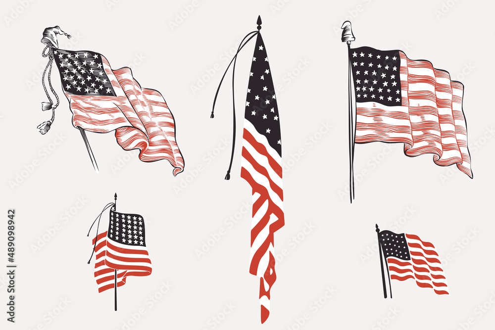 Six hand-drawn American flags in various styles and poses, rendered in red, white, and black ink with expressive linework.