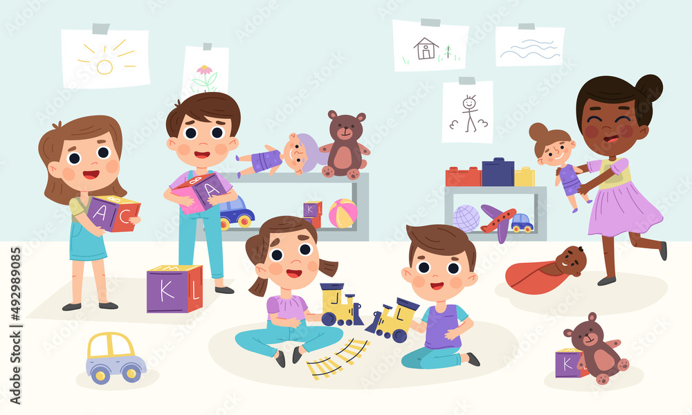 Diverse group of children playing with toys, books, and blocks in a bright, cheerful classroom setting.