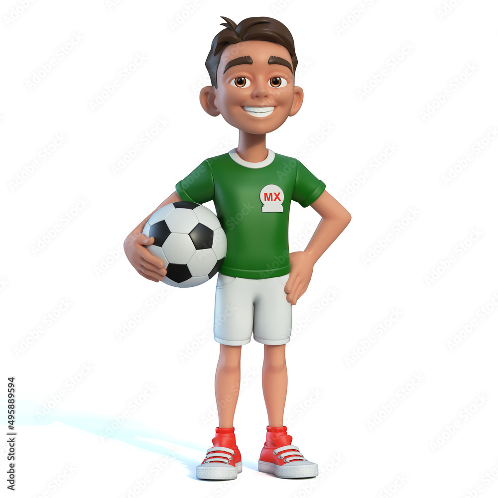 Smiling 3D cartoon boy in green Mexico soccer jersey holding a football, wearing white shorts and red sneakers.