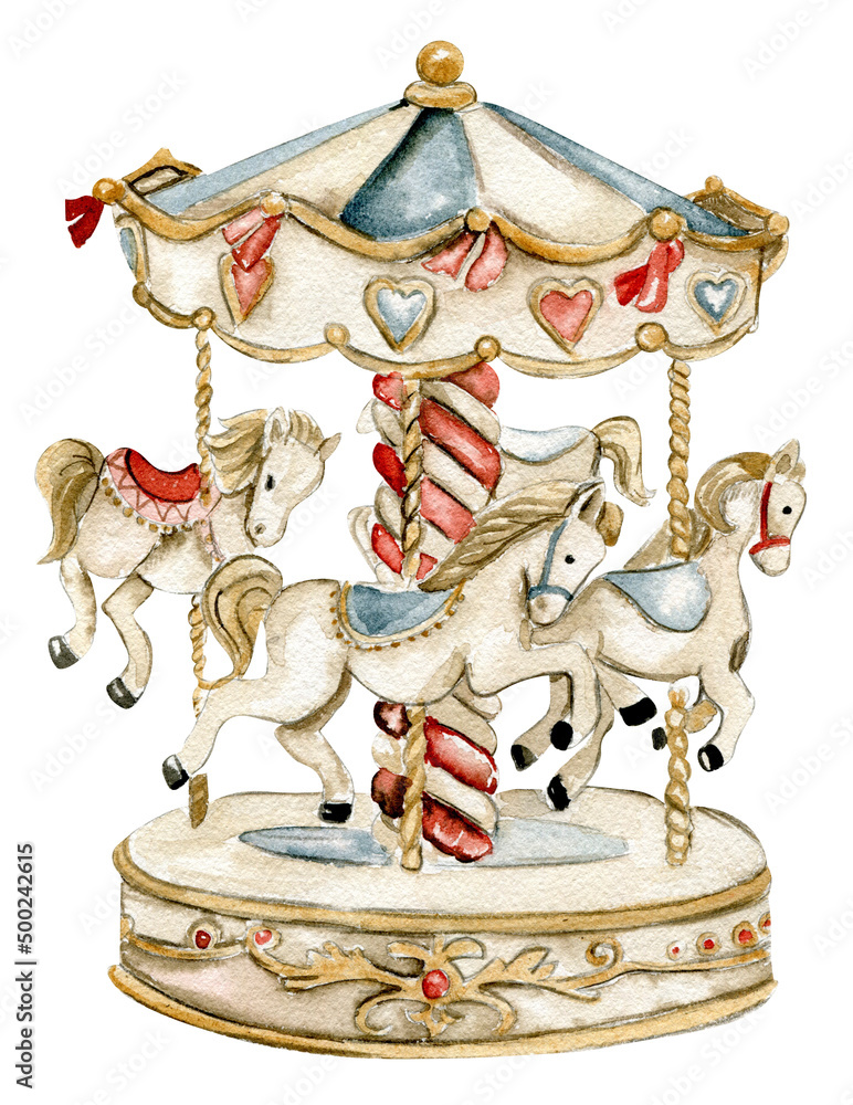 Watercolor illustration of a vintage carousel with four ornate horses, heart motifs, and a striped central pole.