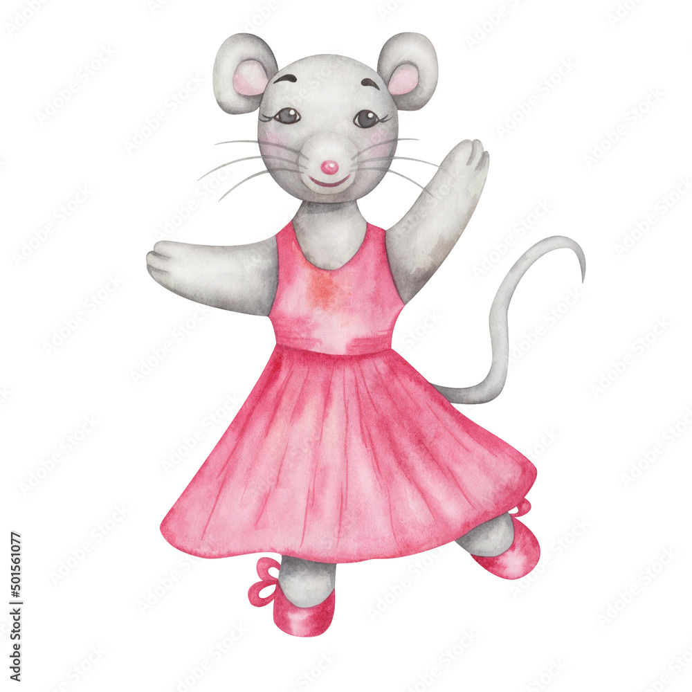 A cute watercolor mouse in a pink ballet dress and shoes, dancing gracefully with arms raised.