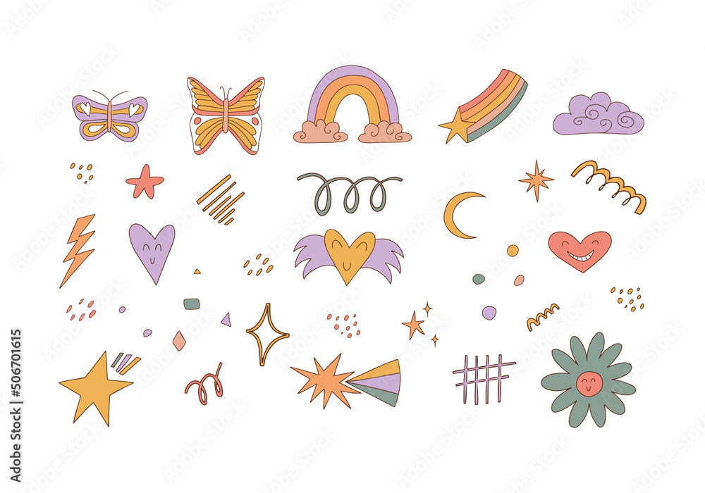 Cute hand-drawn doodles including butterflies, rainbow, hearts, stars, clouds, and floral motifs in pastel colors.