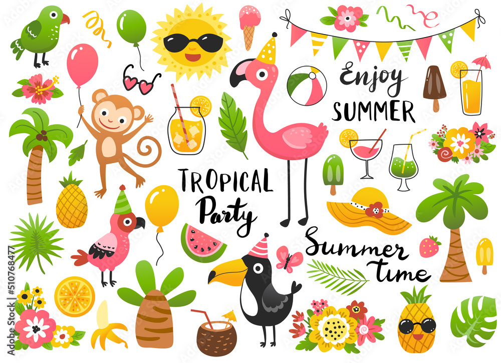 Colorful tropical party clipart with flamingo, monkey, palm trees, fruits, drinks, and summer decorations.