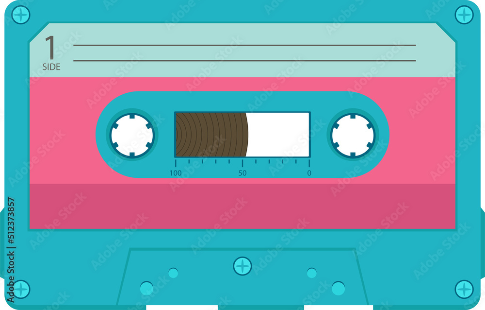 Retro teal and pink audio cassette tape labeled Side 1 with visible tape spool and counter markings.