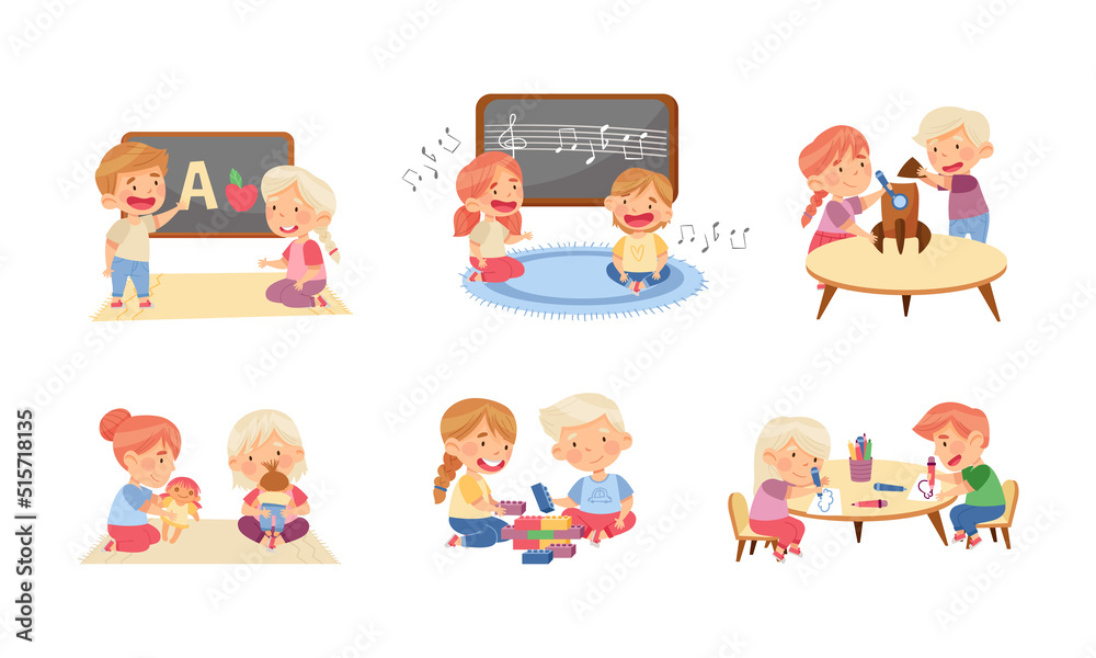 Six illustrated scenes of diverse preschool children engaging in educational activities: letter learning, music, science, doll play, block building, and drawing.