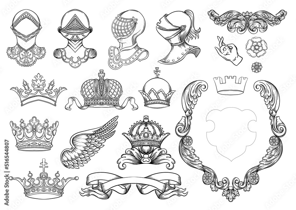 Medieval Heraldry Vector Elements - Crowns, Helmets & Ornamental Designs