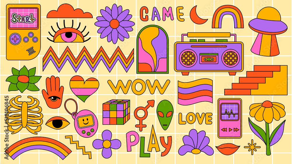 Vibrant retro-style collage with 80s/90s pop culture icons: boombox, Game Boy, rainbow, alien, flowers, hearts, and geometric patterns on grid background.