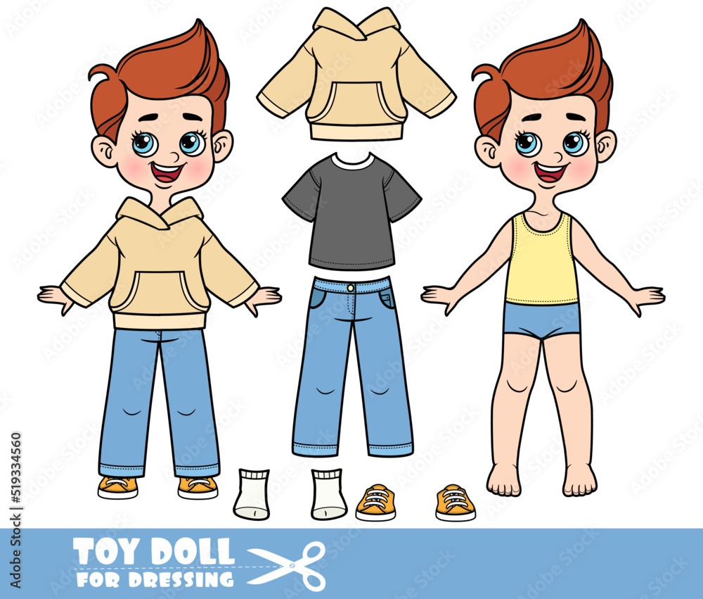 Cartoon boy paper doll with interchangeable clothes: hoodie, t-shirt, jeans, shorts, socks, and sneakers.