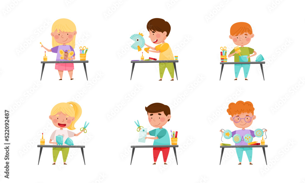 Six diverse children engaged in creative arts and crafts at tables with supplies like scissors, glue, and paper.