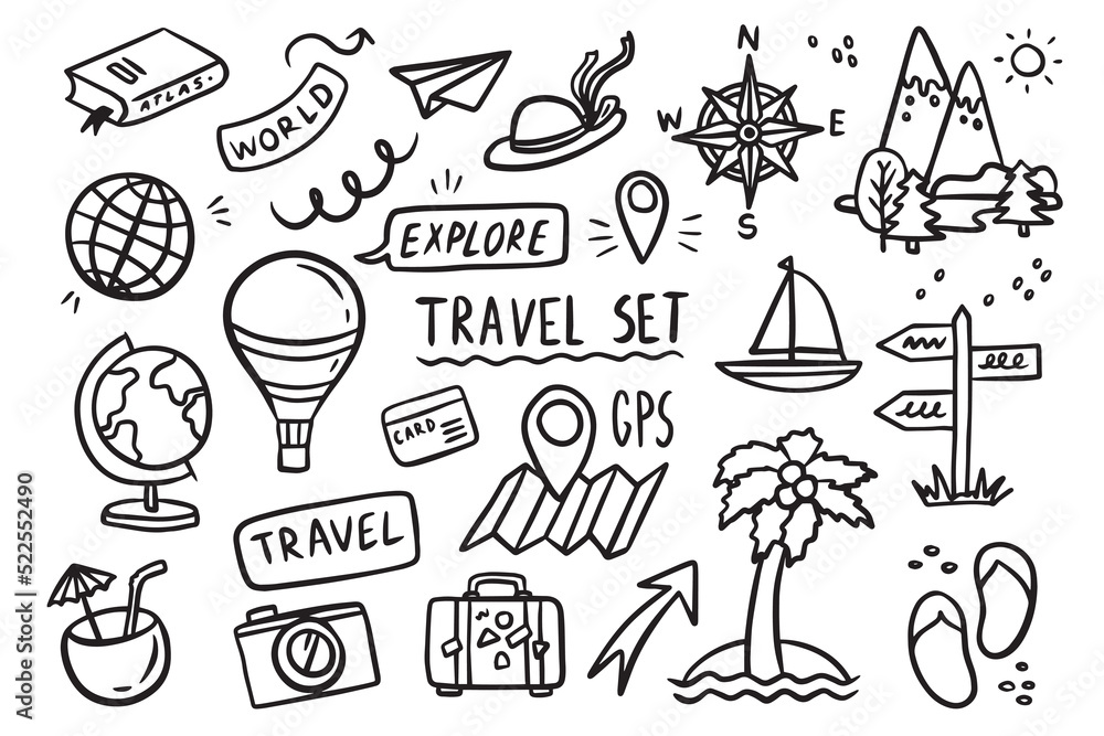 Hand-drawn travel icons including globe, suitcase, compass, hot air balloon, palm tree, and "Explore" text.