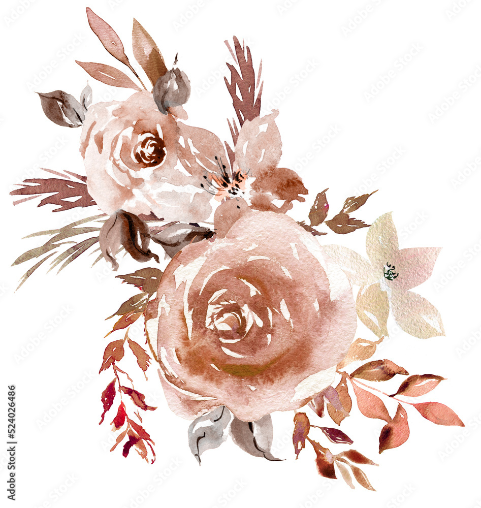 Watercolor floral bouquet in muted rose, taupe, and rust tones with delicate leaves and blossoms on white background.