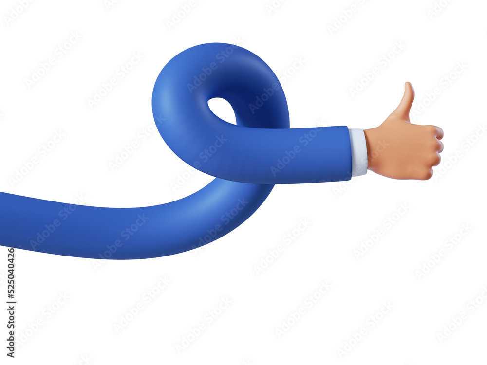 Blue 3D arm giving a thumbs-up gesture with a smooth curved sleeve on white background.