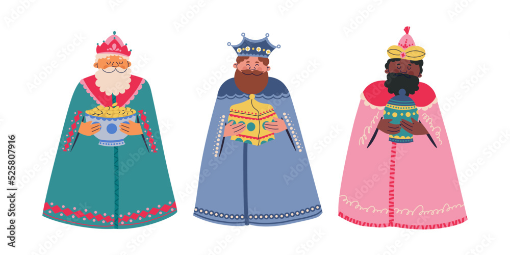 Three illustrated Magi (Wise Men) in colorful robes holding gifts: gold, frankincense, and myrrh.