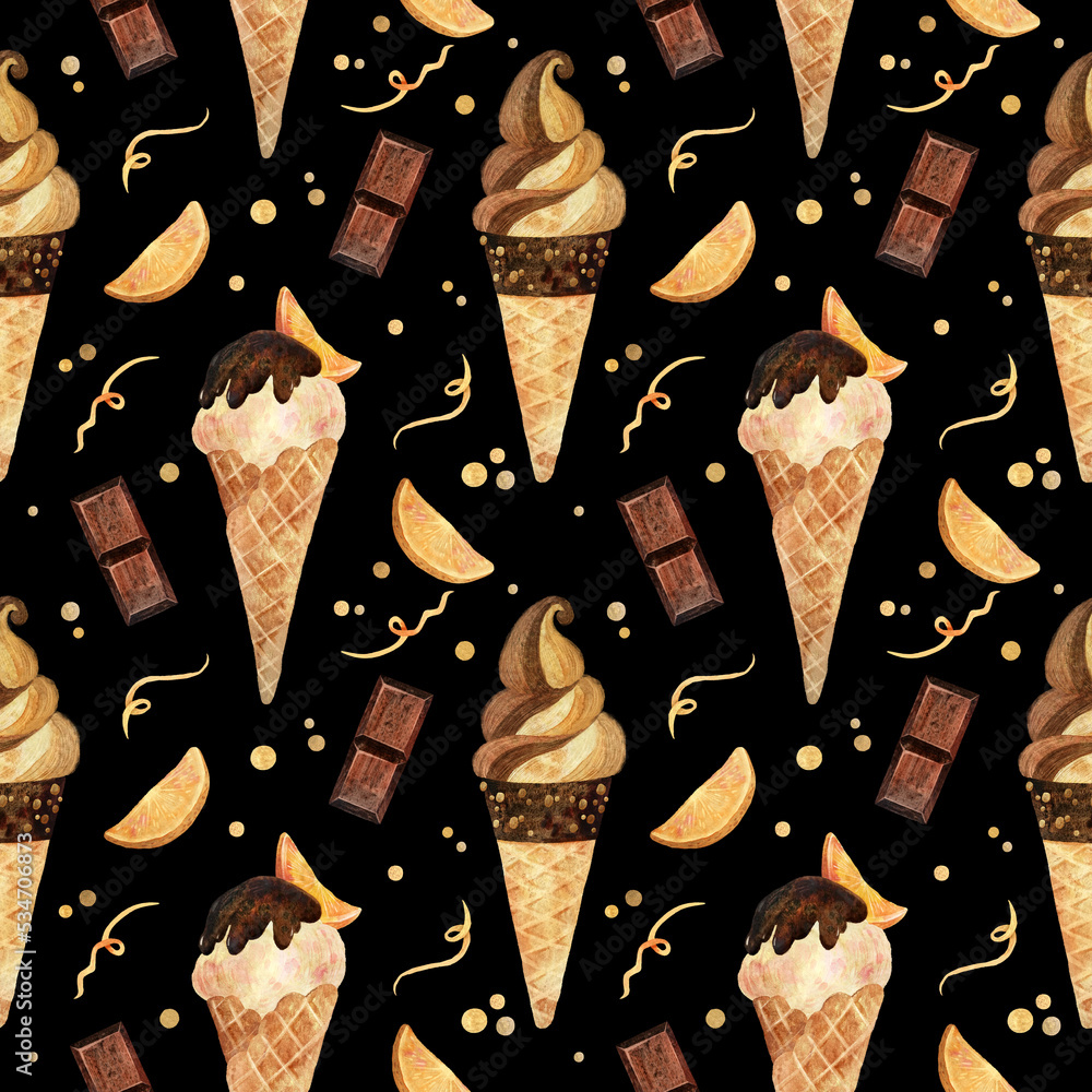 Watercolor ice cream cones with chocolate, orange slices, and gold confetti on black background.
