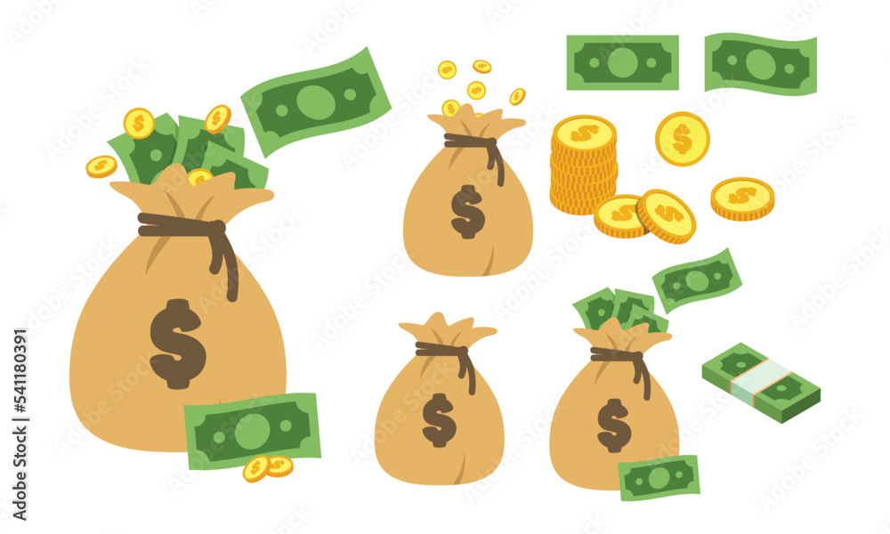 Illustration of money bags, coins, and green banknotes scattered on white background.